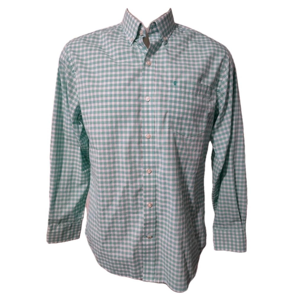 Button Down Shirt IZOD Green White Gingham Check‎ Medium Cotton Blend Preppy 80s